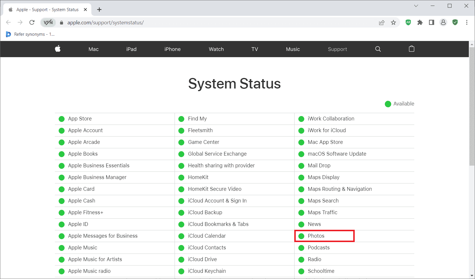 Page de vérification de l'état du système Apple