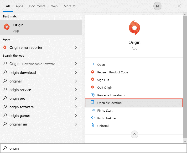 اضغط على مفتاح Windows واكتب Origin ثم انقر فوق الخيار فتح موقع الملف