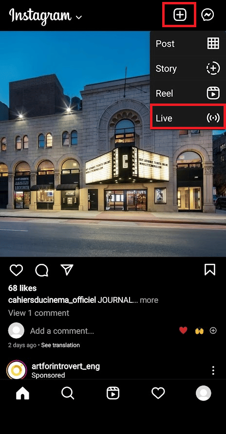 Значок плюса (+) - Опция Live Instagram | Как смотреть Instagram в прямом эфире анонимно