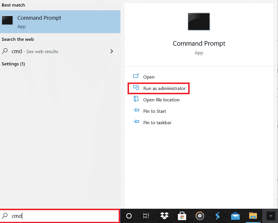 Windows arama çubuğuna cmd yazın ve Yönetici olarak çalıştır'a tıklayın.