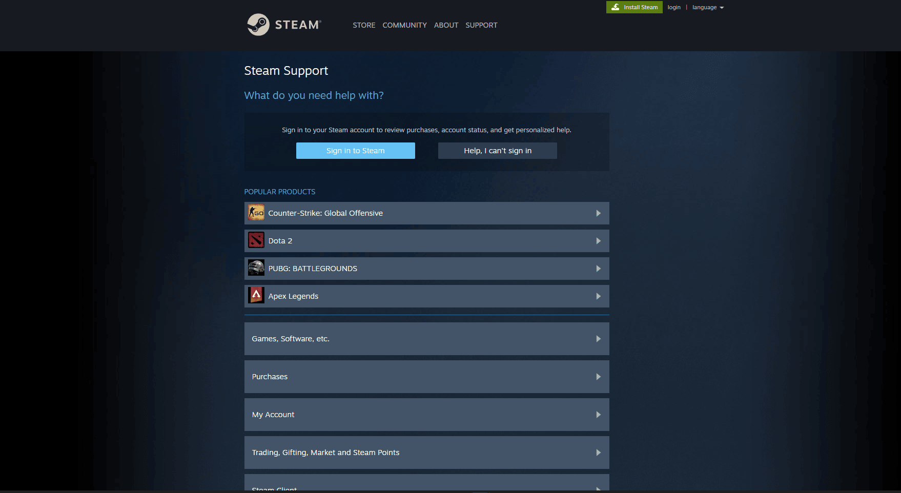Страница поддержки Steam