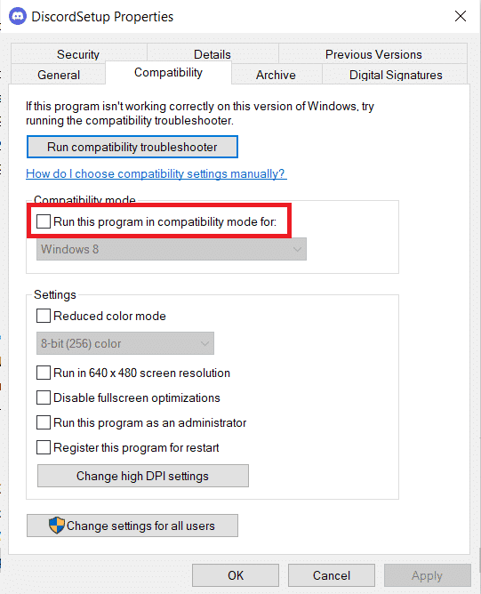 オプションの互換モードでこのプログラムを実行します。 Windows10で不和の画面共有が機能しない問題を修正