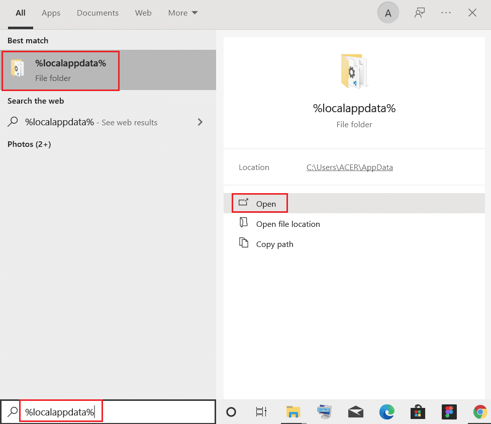 Windowsサーチバーからlocalappdataフォルダーを開きます。 Windows10で不和の画面共有が機能しない問題を修正