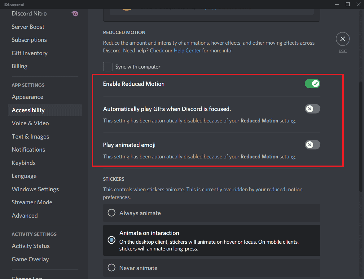 [縮小モーションを有効にする]オプションをオンに切り替えます。 Windows10で不和の画面共有が機能しない問題を修正