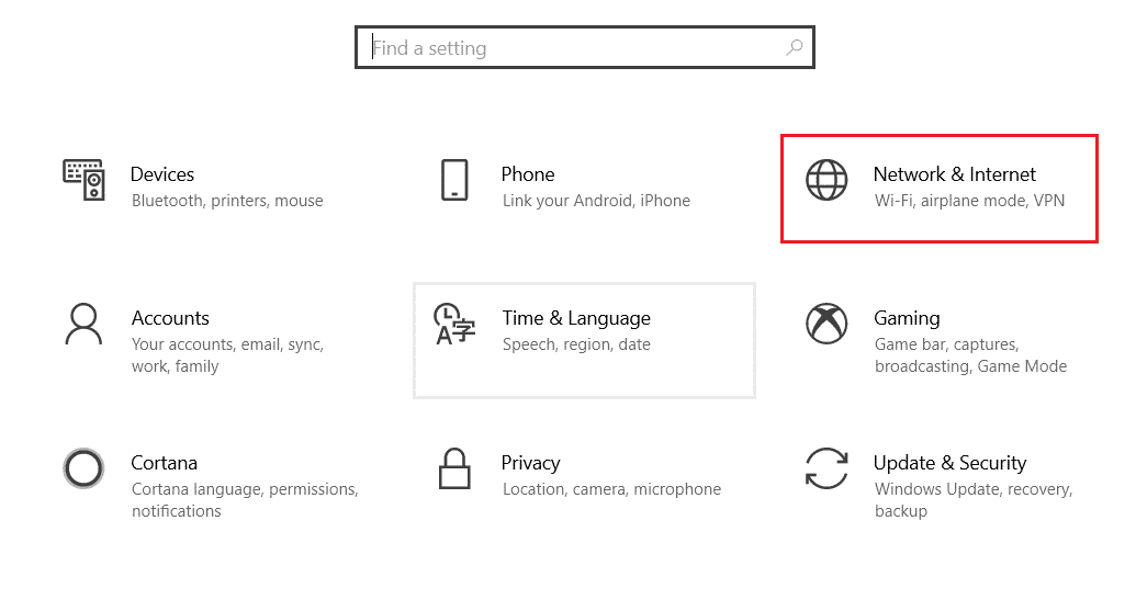 Windowsの設定に移動し、ネットワークとインターネットを選択します。 Windows10で不和の画面共有が機能しない問題を修正