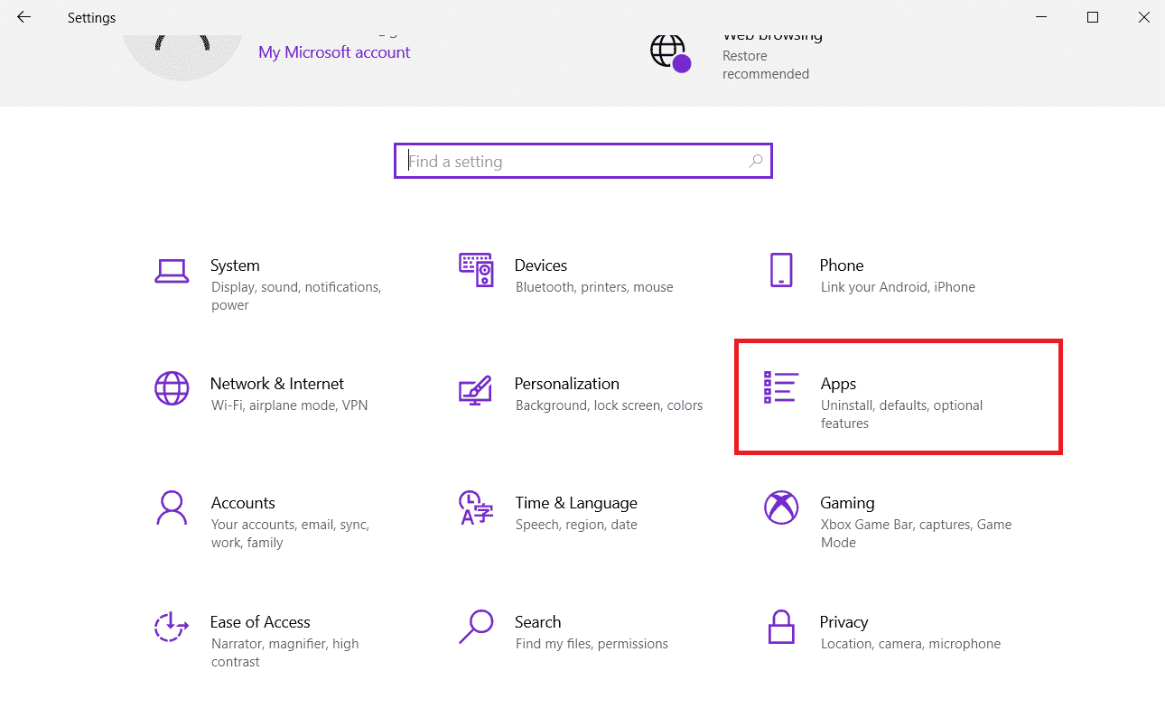 指定されたタイルから[アプリ]をクリックします。 Windows10で不和の画面共有が機能しない問題を修正
