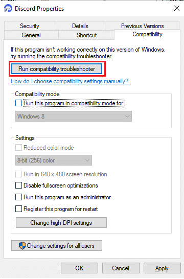 互換性のトラブルシューティングを実行します。 Windows10で不和の画面共有が機能しない問題を修正