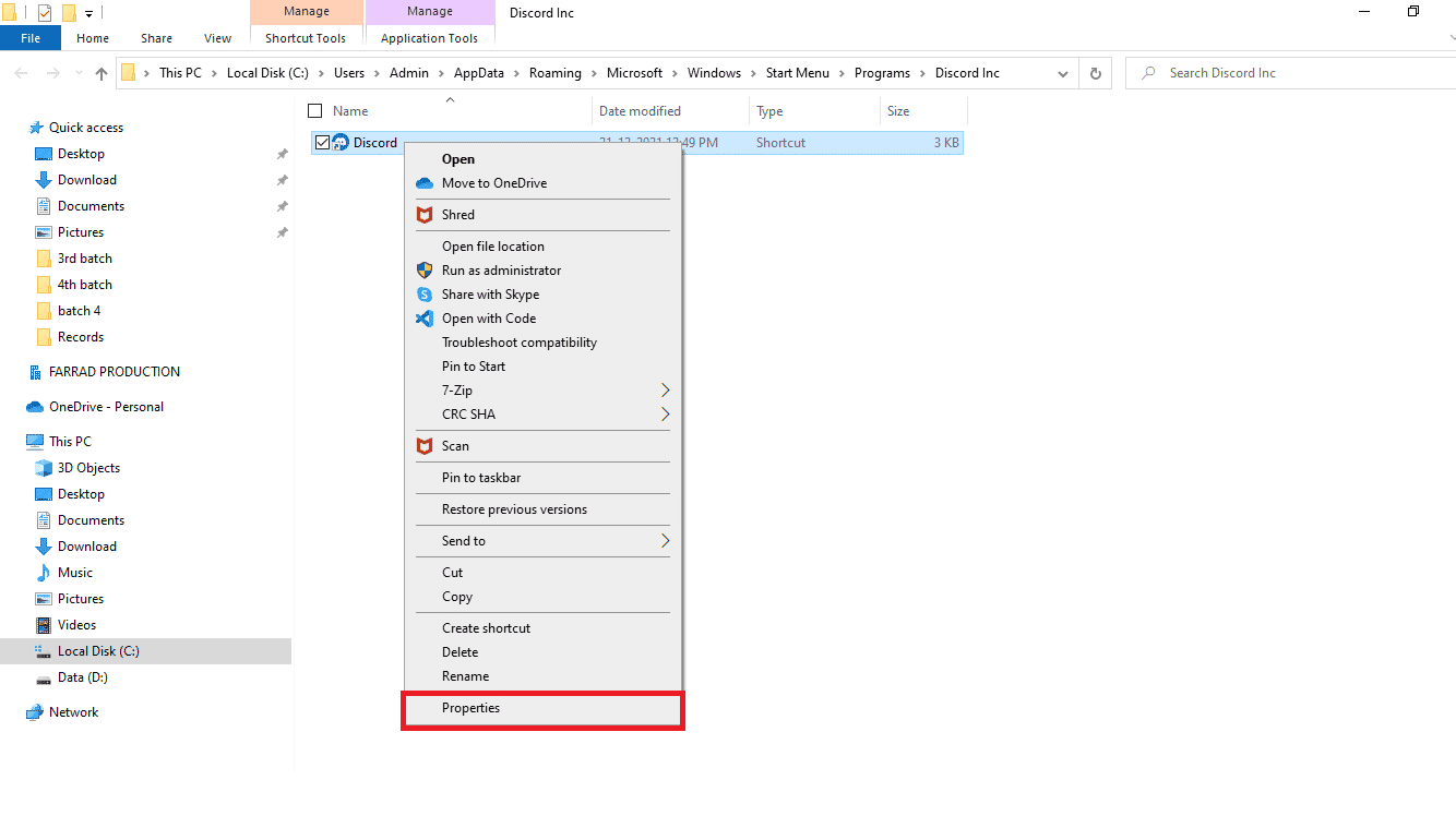Discordアプリを右クリックして、[プロパティ]を選択します。 Windows10で不和の画面共有が機能しない問題を修正
