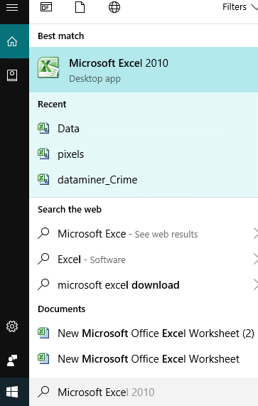 使用搜索栏打开 Microsoft Excel