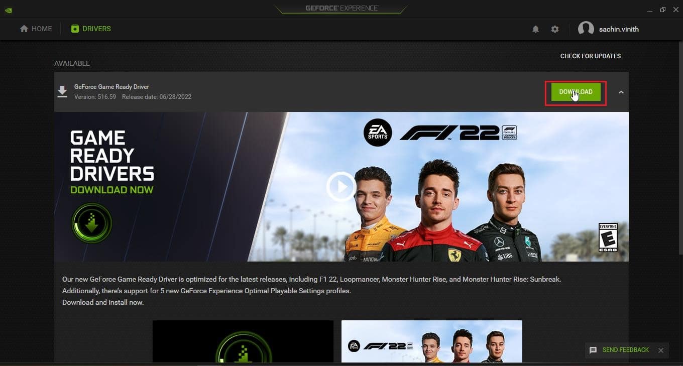 คลิกที่ปุ่ม ดาวน์โหลด ถัดจาก GeForce Game Ready Driver เพื่อดาวน์โหลดไดรเวอร์ล่าสุด แก้ไขข้อผิดพลาด Nvbackend.exe ใน Windows 10
