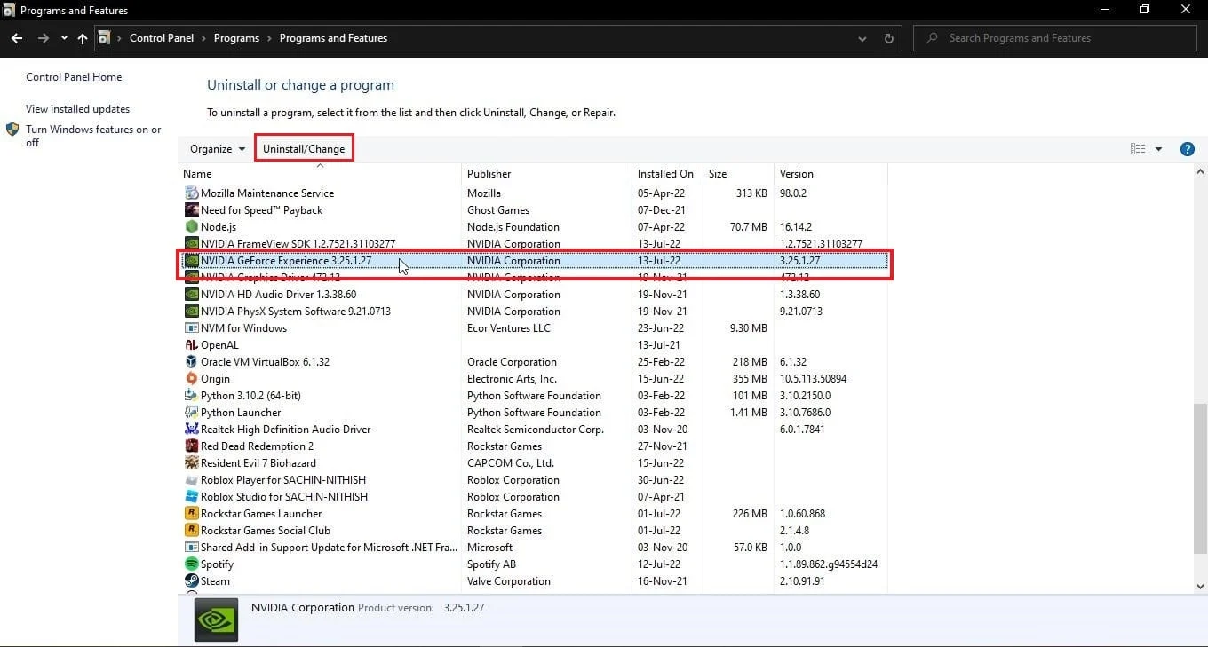 คลิกที่แอปพลิเคชัน Nvidia GeForce Experience แล้วคลิกถอนการติดตั้ง แก้ไขข้อผิดพลาด Nvbackend.exe ใน Windows 10