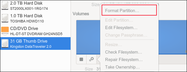 L'option de menu "Formater la partition"