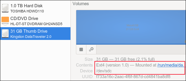Détails du lecteur USB répertoriés dans les disques GNOME