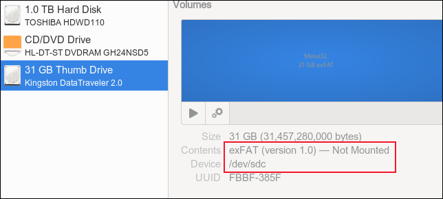 La clé USB formatée en exFAT dans l'affichage des disques GNOME