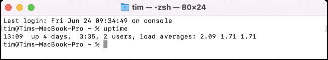 Esegui il comando uptime in macOS Terminal