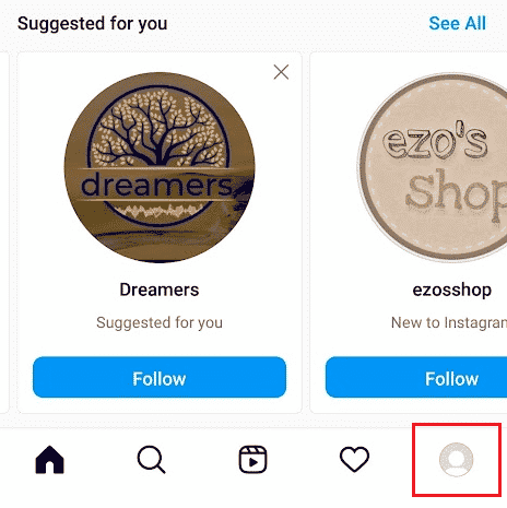 프로필 페이지를 열려면 오른쪽 하단 모서리에서 프로필 아이콘을 탭하세요 | Instagram Bio에 위치를 추가하는 방법