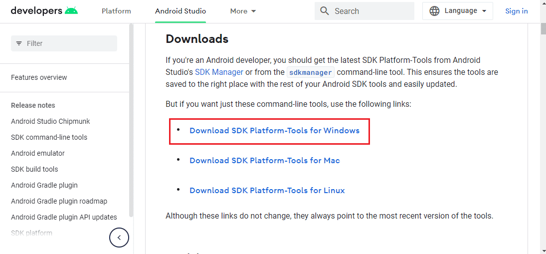 เปิดเว็บไซต์อย่างเป็นทางการสำหรับการดาวน์โหลด Android SDK Platform Tools และคลิกที่ลิงค์ Download SDK Platform Tools สำหรับ Windows ในส่วน Downloads