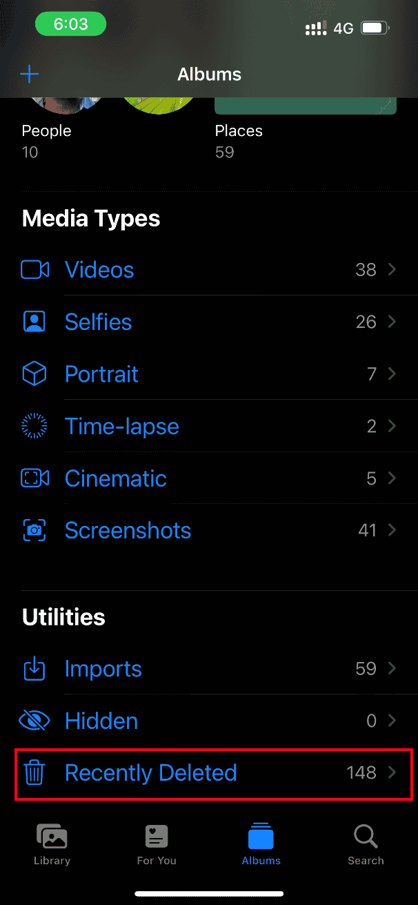 Toque em Excluídos recentemente na seção Utilitários. Corrigir um erro ao carregar uma versão de alta qualidade desta foto no iPhone
