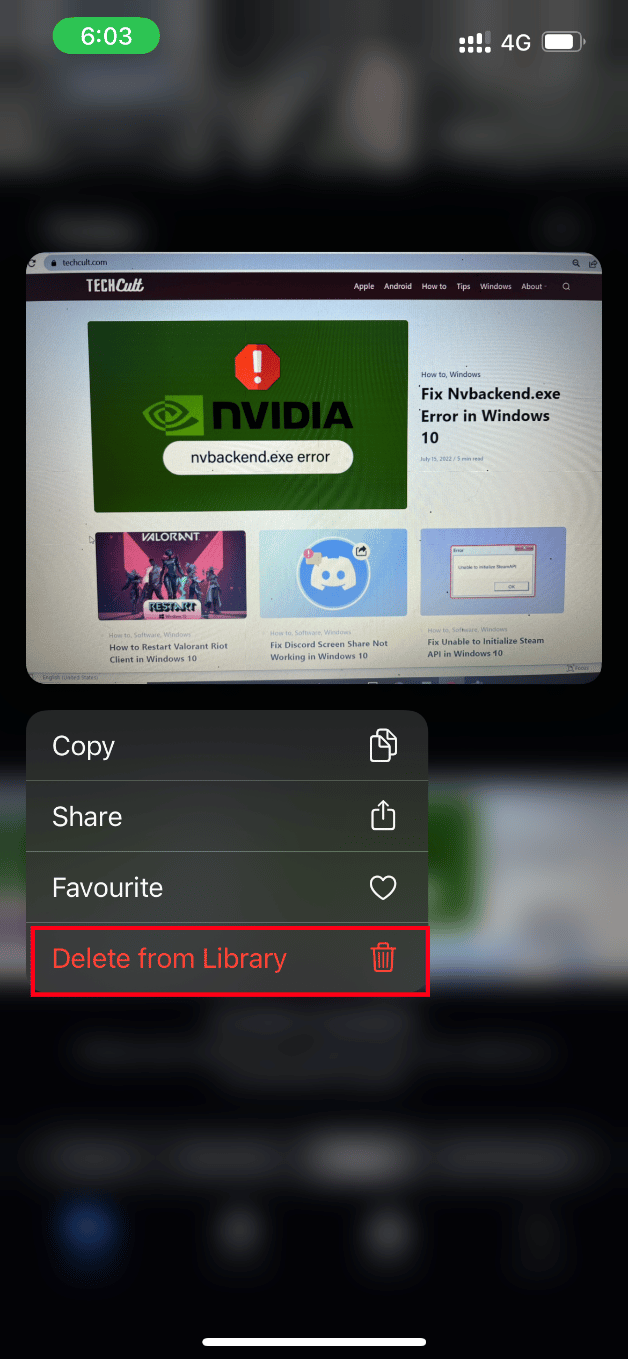 Toque em Excluir da Biblioteca. Corrigir um erro ao carregar uma versão de alta qualidade desta foto no iPhone