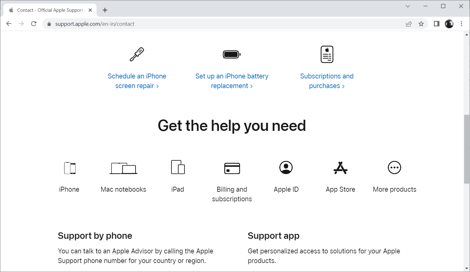 página de suporte da Apple
