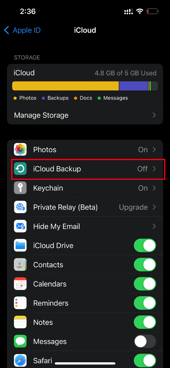 Toque em Backup do iCloud