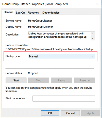 Din meniul drop-down Tip de pornire, selectați Manual pentru HomeGroup