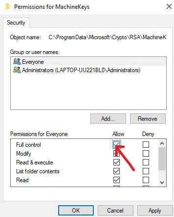 Lista de permisiuni pentru toată lumea faceți clic pe Control total
