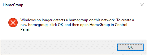 Windows nu mai detectează în această rețea. Pentru a crea un nou grup de domiciliu, faceți clic pe OK, apoi deschideți HomeGroup în Panoul de control.