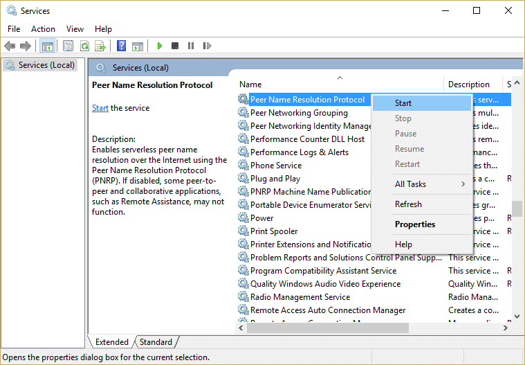 Faceți clic dreapta pe serviciul Peer Name Resolution Protocol și apoi selectați Start | Remedierea nu se poate crea un grup de acasă pe Windows 10