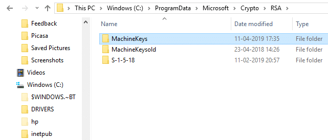 Creați un folder nou cu numele MachineKeys