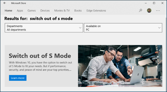 Die Seite „Wechseln aus dem S-Modus“ im Microsoft Store.