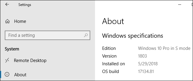 „Windows 10 Pro im S-Modus“ wird in der App „Einstellungen“ von Windows 10 angezeigt.
