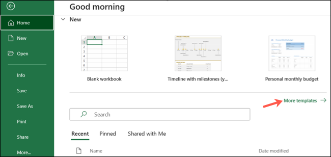 Altri modelli nella sezione Home di Excel