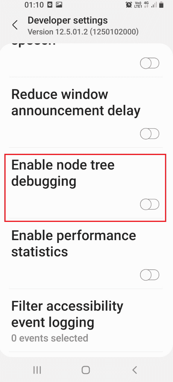 Disattiva l'impostazione Abilita debug dell'albero dei nodi