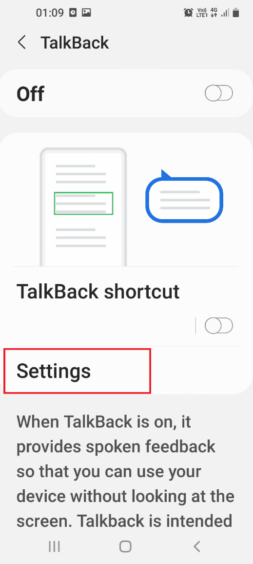 Tocca la scheda Impostazioni sullo schermo per aprire la schermata delle impostazioni di TalkBack