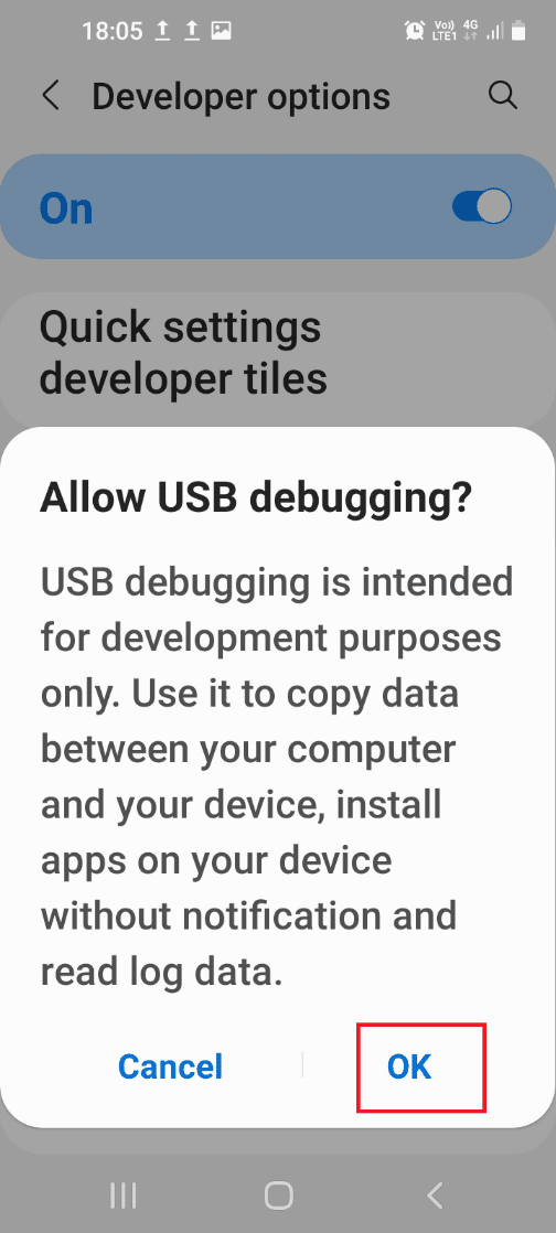 Tocca l'opzione OK nella finestra di conferma Consenti debug USB