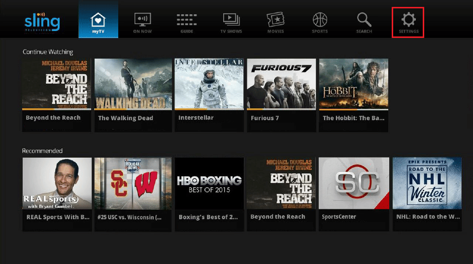 seleziona le impostazioni nell'app Sling TV. Risolto il problema con Sling TV Down su Windows 10
