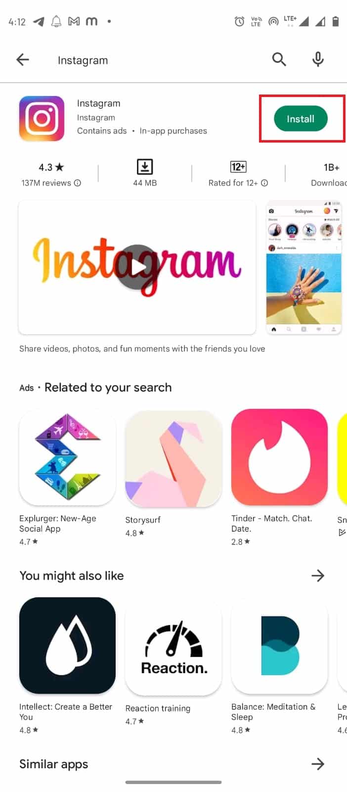 selectați aplicația Instagram și atingeți butonul Instalare. Remediați eroarea de conectare necesară pentru feedbackul Instagram