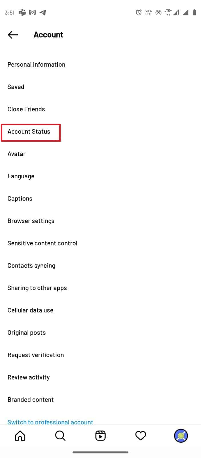 atingeți Starea contului. Remediați eroarea de comentarii Instagram