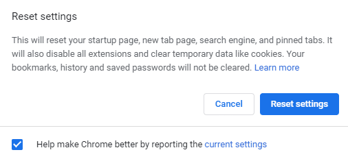 有关恢复 Chrome 设置的详细信息