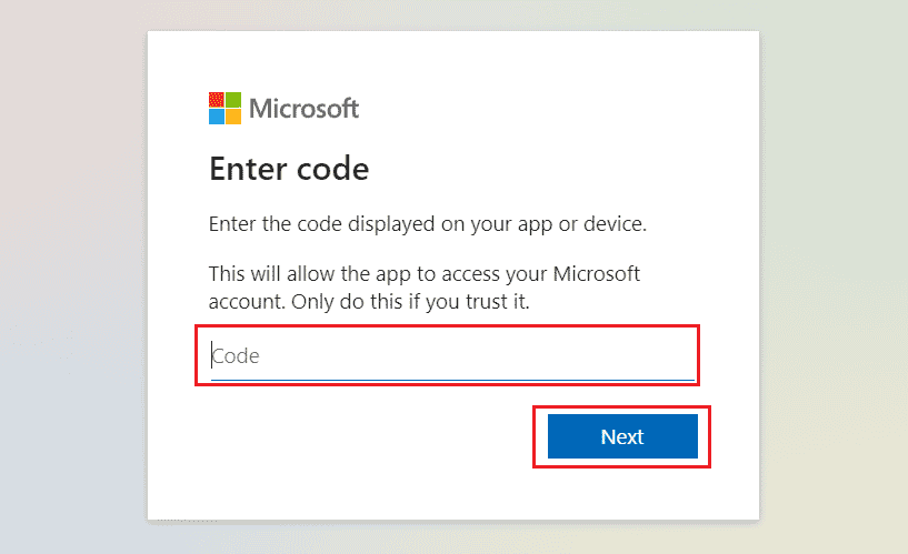 Microsoft Live Oturum Açma sayfasını ziyaret edin ve verilen kodu mevcut alana girin. İleri'ye tıklayın