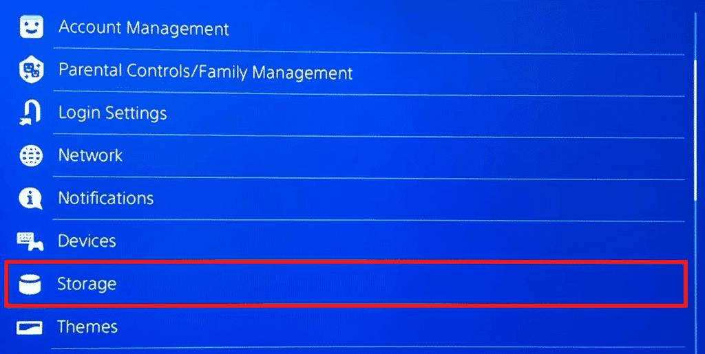 Aşağı kaydırın ve Depolama PS4'ü seçin