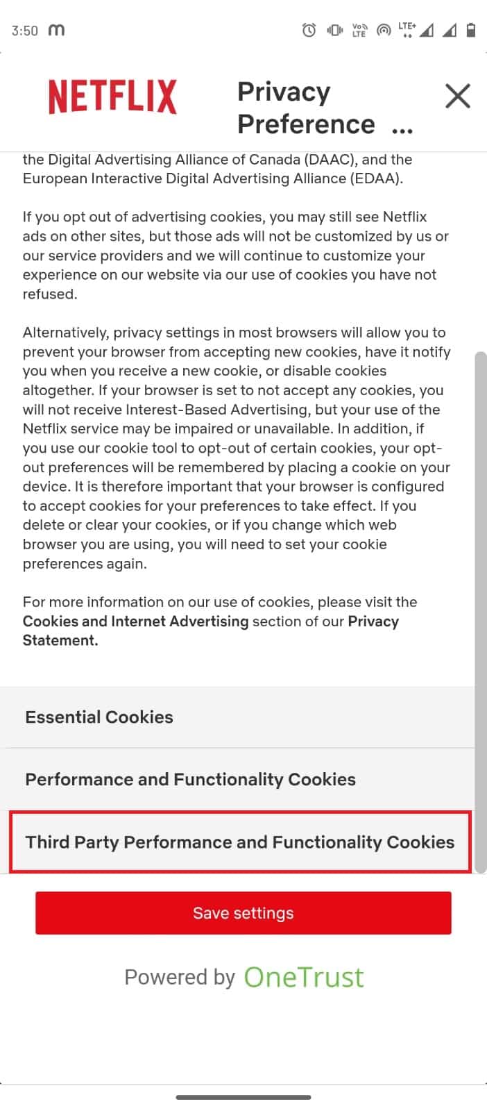 サードパーティのパフォーマンスと機能のCookieをタップします