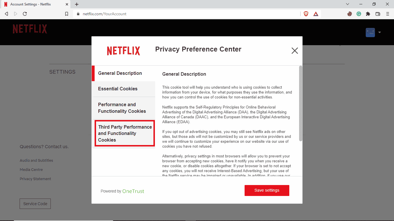 サードパーティのパフォーマンスおよび機能Cookieをクリックします。 AndroidでNetflixのCookieを削除する方法