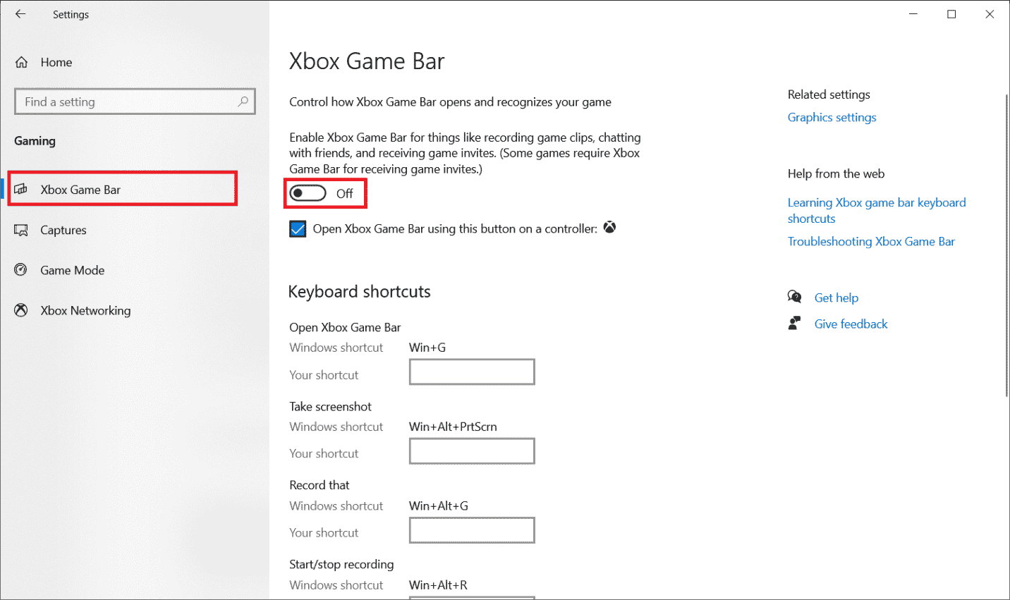 ゲームクリップの記録、友達とのチャット、ゲームの招待状の受信などのために、[Xboxゲームバーを有効にする]をオフに切り替えます