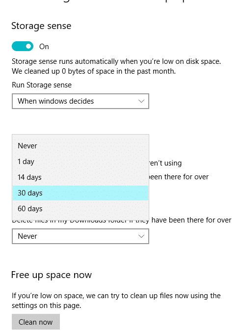 通过单击下拉菜单选择天数 |删除 Windows 10 中的临时文件