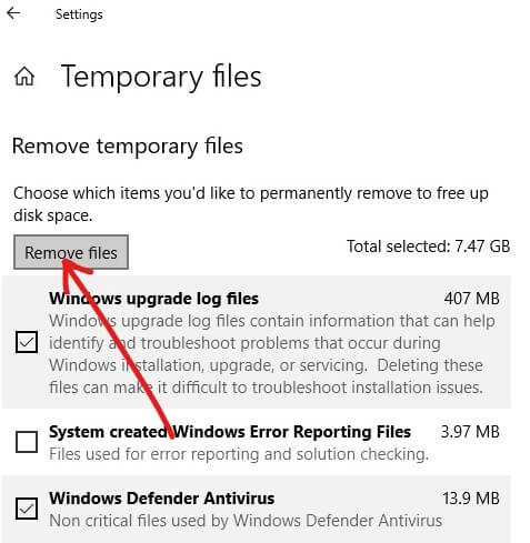 单击删除文件 |删除 Windows 10 中的临时文件
