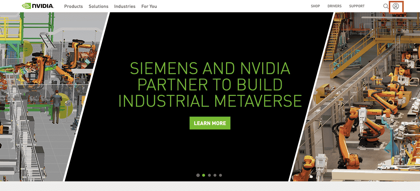 klik ikon pengguna di situs web NVIDIA