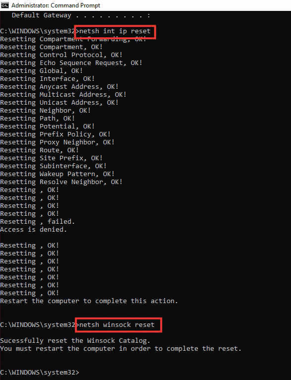 ketik perintah berikut satu demi satu netsh int ip reset netsh winsock reset