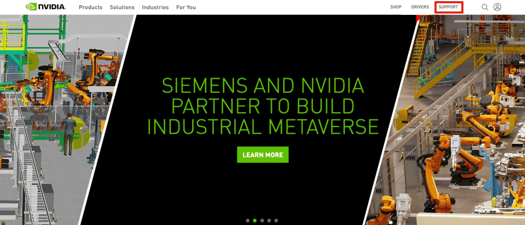 klik opsi dukungan di situs web nvidia
